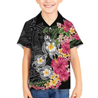 Hawaiian Tropical Flowers and Tribal Turtles Family Matching Short Sleeve Bodycon Dress and Hawaiian Shirt Polynesian Art Motifs Black Color - Polynesian Pride