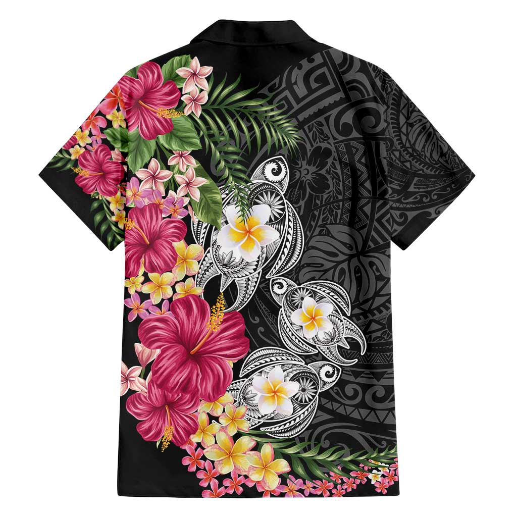 Hawaiian Tropical Flowers and Tribal Turtles Family Matching Summer Maxi Dress and Hawaiian Shirt Polynesian Art Motifs Black Color - Polynesian Pride