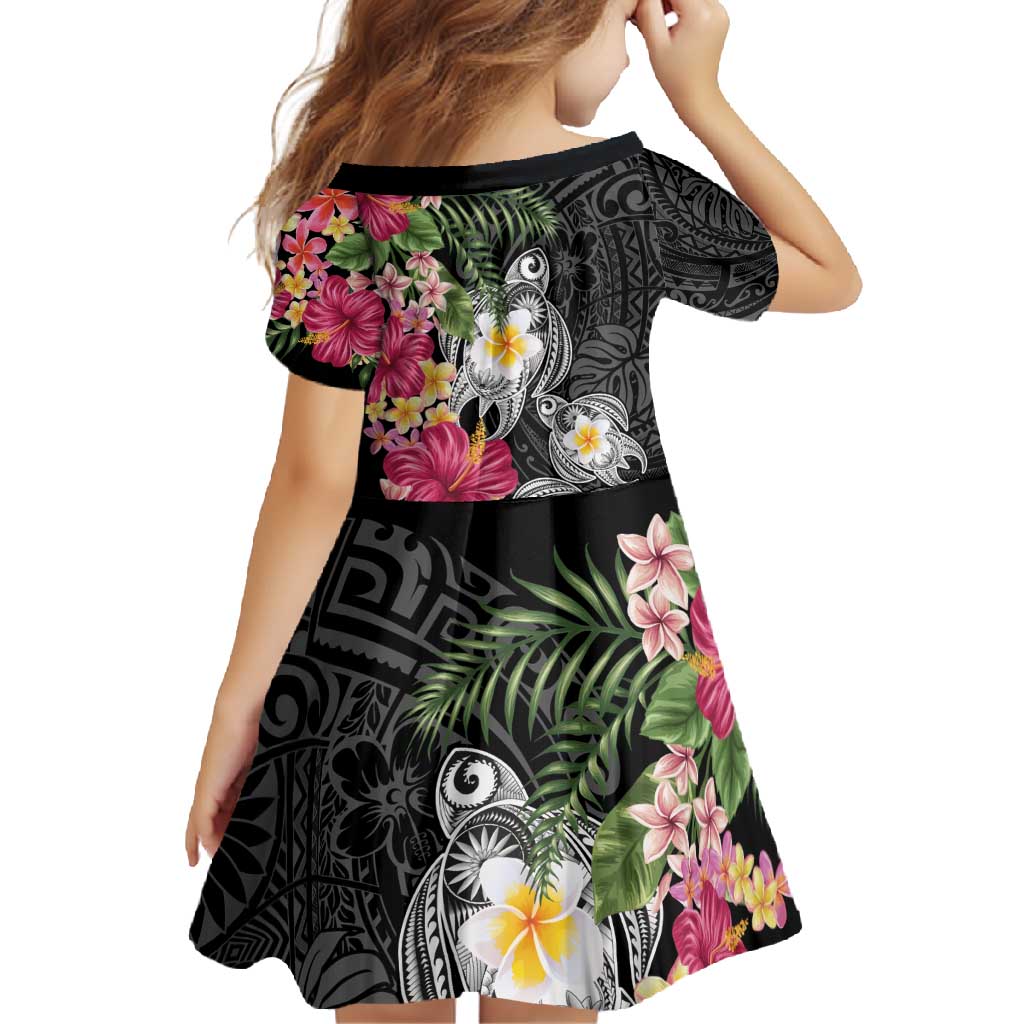 Hawaiian Tropical Flowers and Tribal Turtles Family Matching Tank Maxi Dress and Hawaiian Shirt Polynesian Art Motifs Black Color - Polynesian Pride