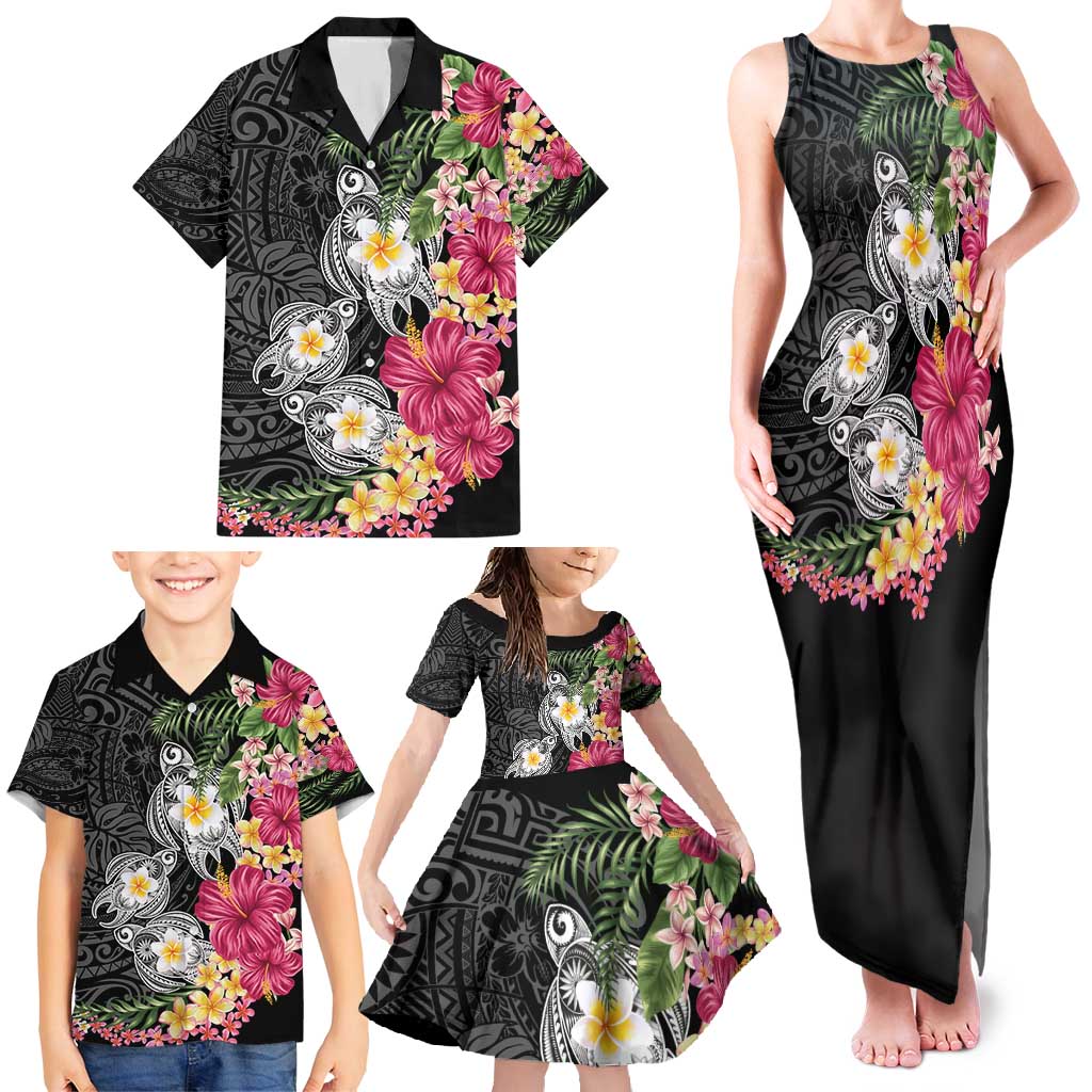 Hawaiian Tropical Flowers and Tribal Turtles Family Matching Tank Maxi Dress and Hawaiian Shirt Polynesian Art Motifs Black Color - Polynesian Pride