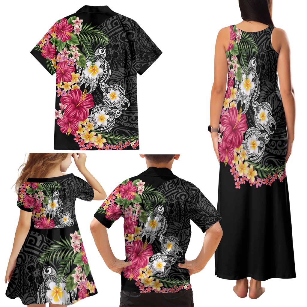 Hawaiian Tropical Flowers and Tribal Turtles Family Matching Tank Maxi Dress and Hawaiian Shirt Polynesian Art Motifs Black Color - Polynesian Pride