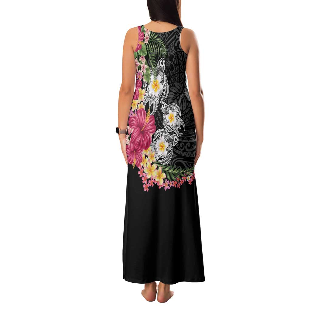 Hawaiian Tropical Flowers and Tribal Turtles Family Matching Tank Maxi Dress and Hawaiian Shirt Polynesian Art Motifs Black Color - Polynesian Pride