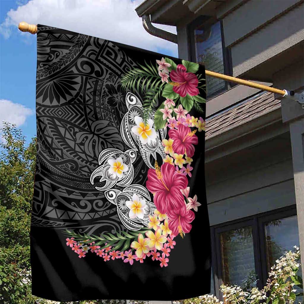 Hawaiian Tropical Flowers and Tribal Turtles Garden Flag Polynesian Art Motifs Black Color - Polynesian Pride