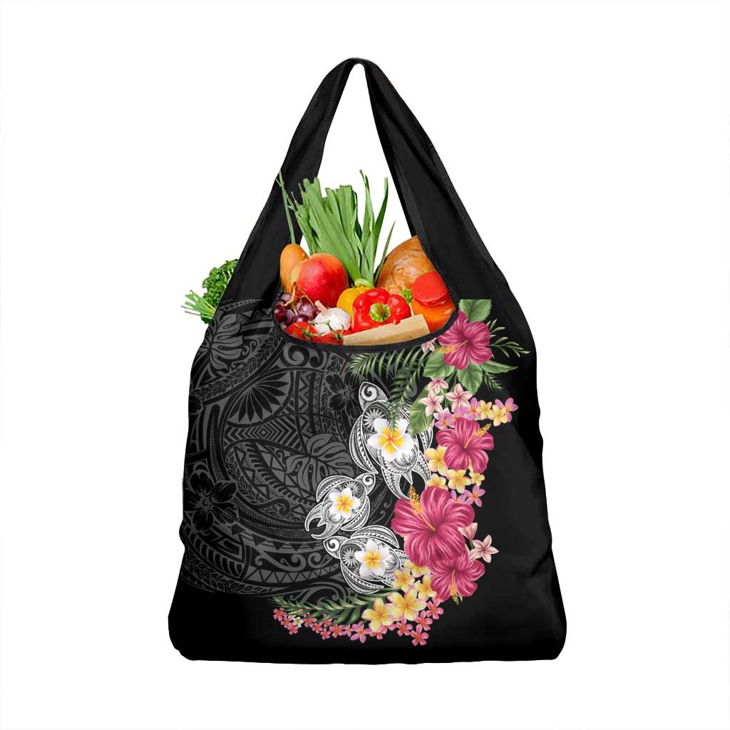 Hawaiian Tropical Flowers and Tribal Turtles Grocery Bag Polynesian Art Motifs Black Color - Polynesian Pride