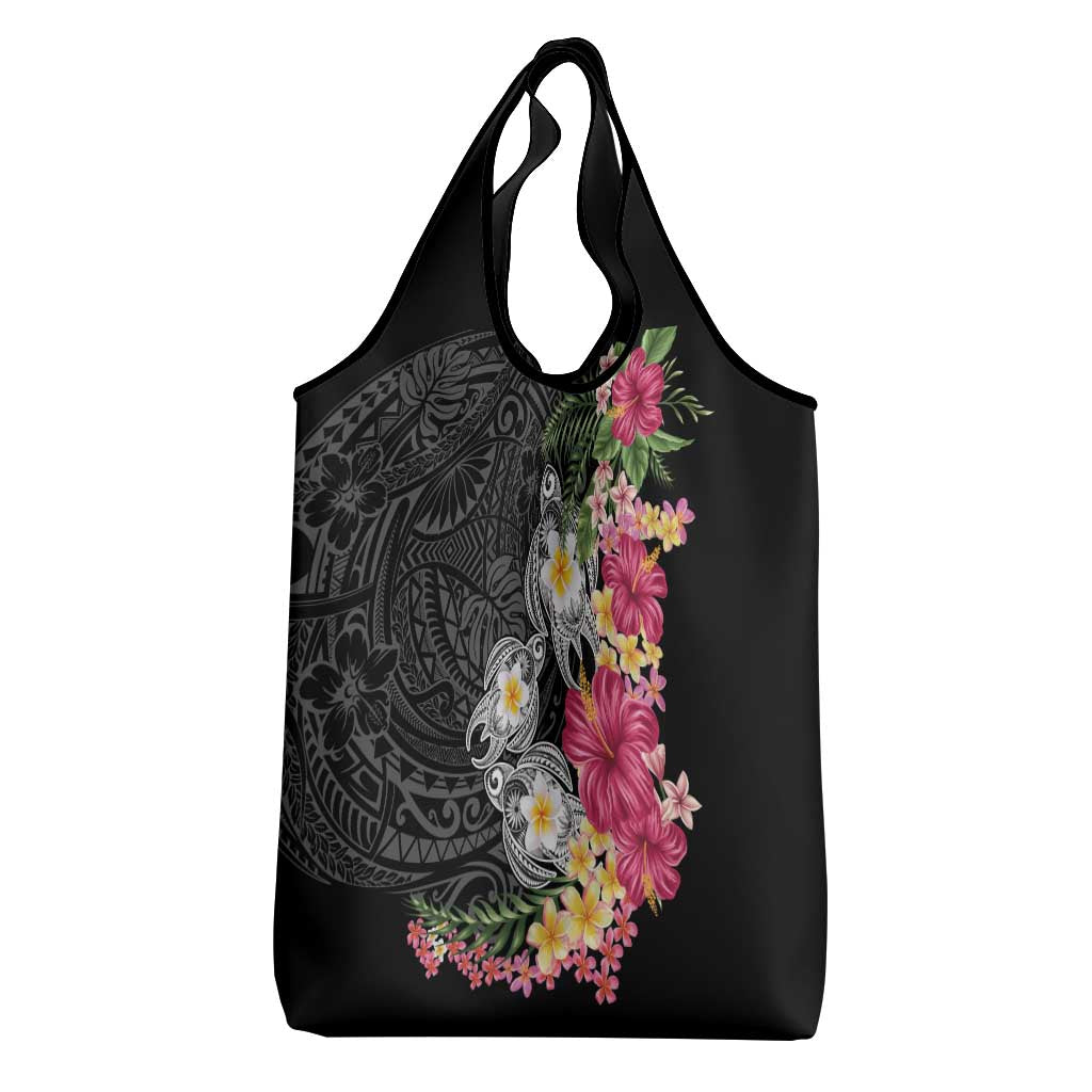 Hawaiian Tropical Flowers and Tribal Turtles Grocery Bag Polynesian Art Motifs Black Color - Polynesian Pride