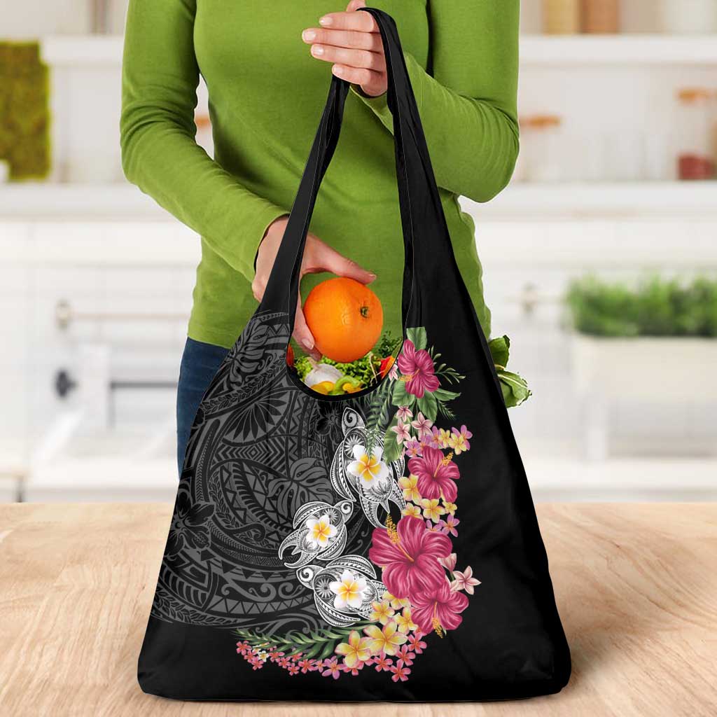 Hawaiian Tropical Flowers and Tribal Turtles Grocery Bag Polynesian Art Motifs Black Color - Polynesian Pride