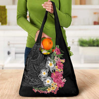 Hawaiian Tropical Flowers and Tribal Turtles Grocery Bag Polynesian Art Motifs Black Color - Polynesian Pride