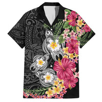 Hawaiian Tropical Flowers and Tribal Turtles Hawaiian Shirt Polynesian Art Motifs Black Color - Polynesian Pride