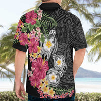 Hawaiian Tropical Flowers and Tribal Turtles Hawaiian Shirt Polynesian Art Motifs Black Color - Polynesian Pride