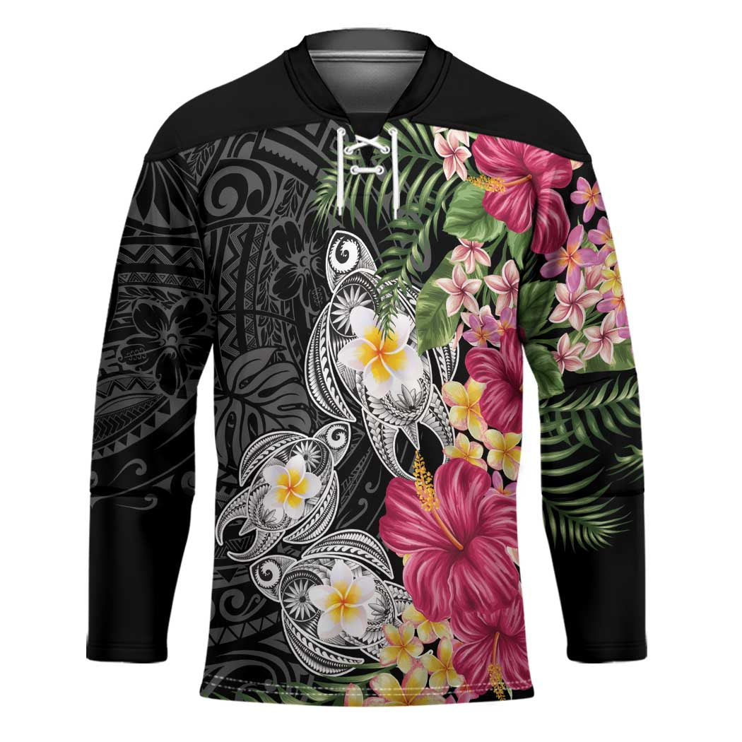 Hawaiian Tropical Flowers and Tribal Turtles Hockey Jersey Polynesian Art Motifs Black Color - Polynesian Pride