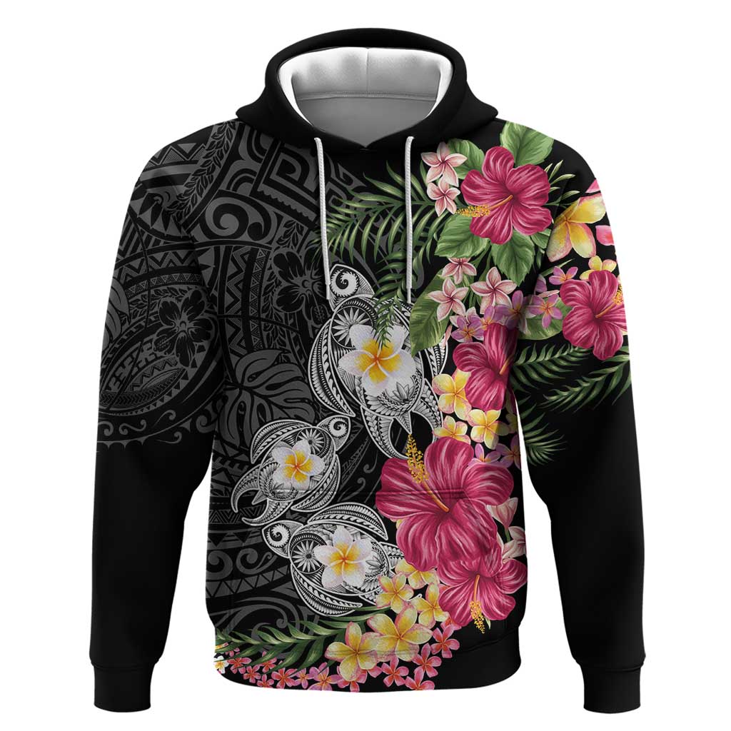 Hawaiian Tropical Flowers and Tribal Turtles Hoodie Polynesian Art Motifs Black Color LT03 Pullover Hoodie Black - Polynesian Pride