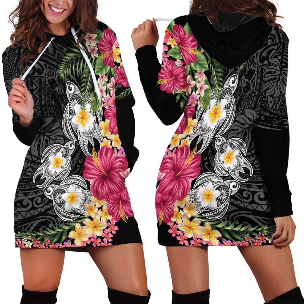 Hawaiian Tropical Flowers and Tribal Turtles Hoodie Dress Polynesian Art Motifs Black Color - Polynesian Pride