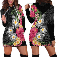 Hawaiian Tropical Flowers and Tribal Turtles Hoodie Dress Polynesian Art Motifs Black Color - Polynesian Pride