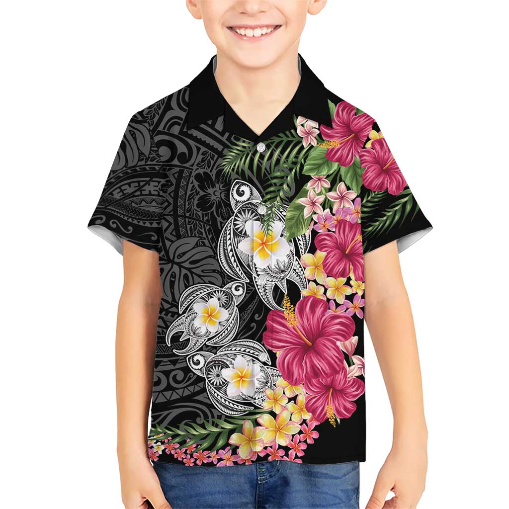 Hawaiian Tropical Flowers and Tribal Turtles Kid Hawaiian Shirt Polynesian Art Motifs Black Color LT03 Kid Black - Polynesian Pride