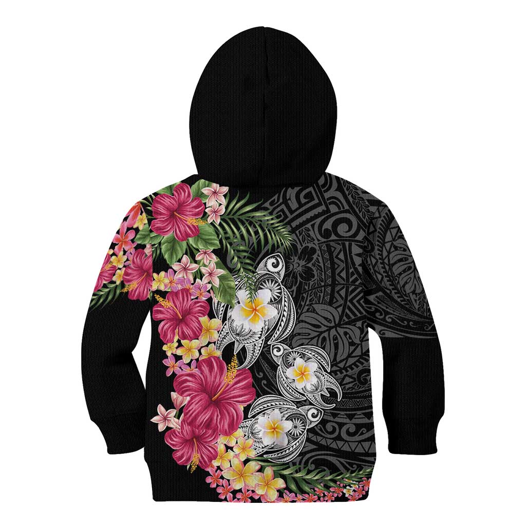 Hawaiian Tropical Flowers and Tribal Turtles Kid Hoodie Polynesian Art Motifs Black Color - Polynesian Pride