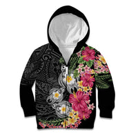 Hawaiian Tropical Flowers and Tribal Turtles Kid Hoodie Polynesian Art Motifs Black Color - Polynesian Pride