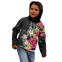 Hawaiian Tropical Flowers and Tribal Turtles Kid Hoodie Polynesian Art Motifs Black Color - Polynesian Pride