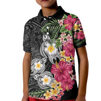 Hawaiian Tropical Flowers and Tribal Turtles Kid Polo Shirt Polynesian Art Motifs Black Color - Polynesian Pride
