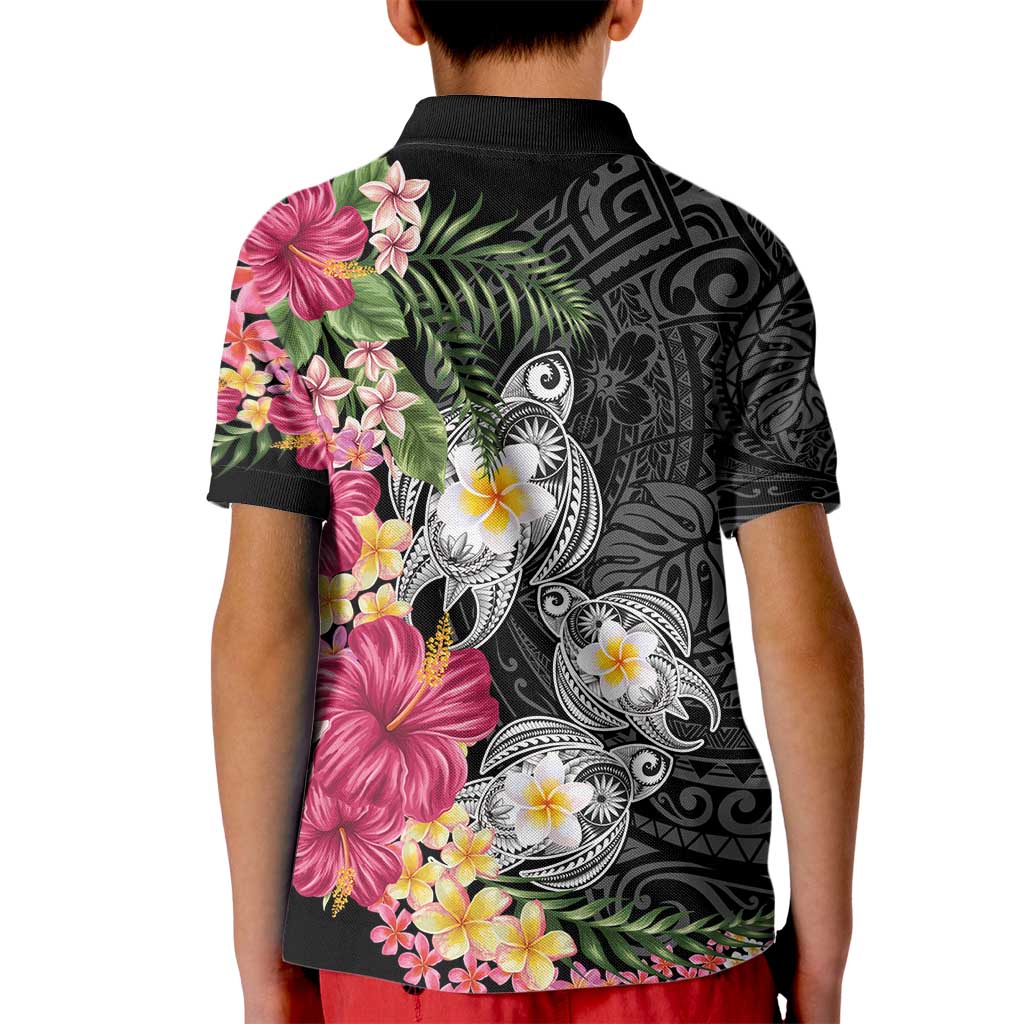 Hawaiian Tropical Flowers and Tribal Turtles Kid Polo Shirt Polynesian Art Motifs Black Color - Polynesian Pride