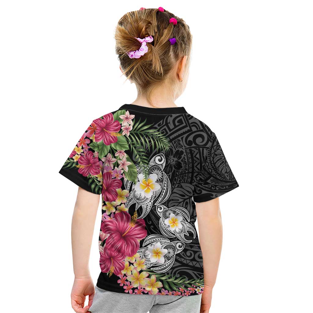 Hawaiian Tropical Flowers and Tribal Turtles Kid T Shirt Polynesian Art Motifs Black Color - Polynesian Pride
