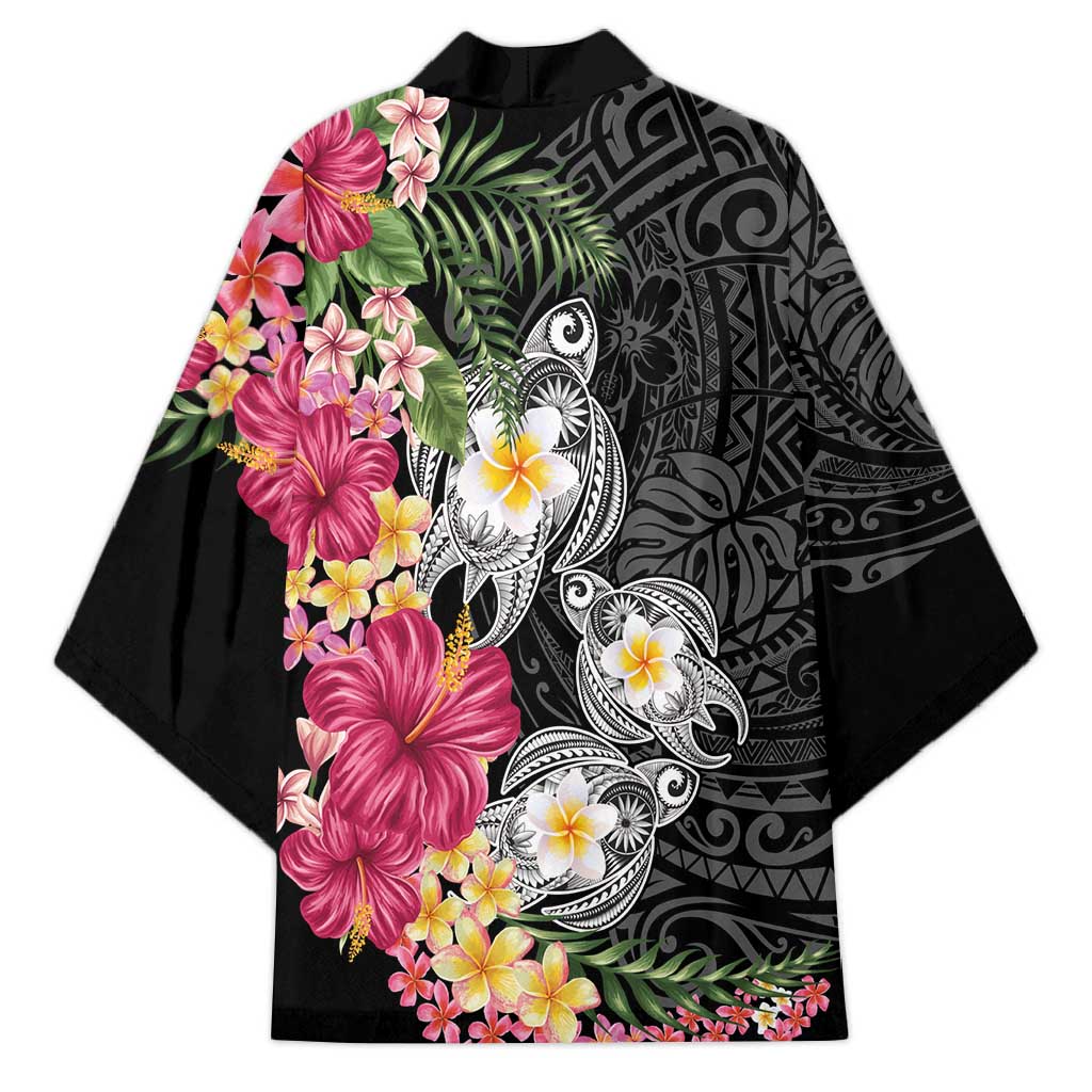 Hawaiian Tropical Flowers and Tribal Turtles Kimono Polynesian Art Motifs Black Color - Polynesian Pride