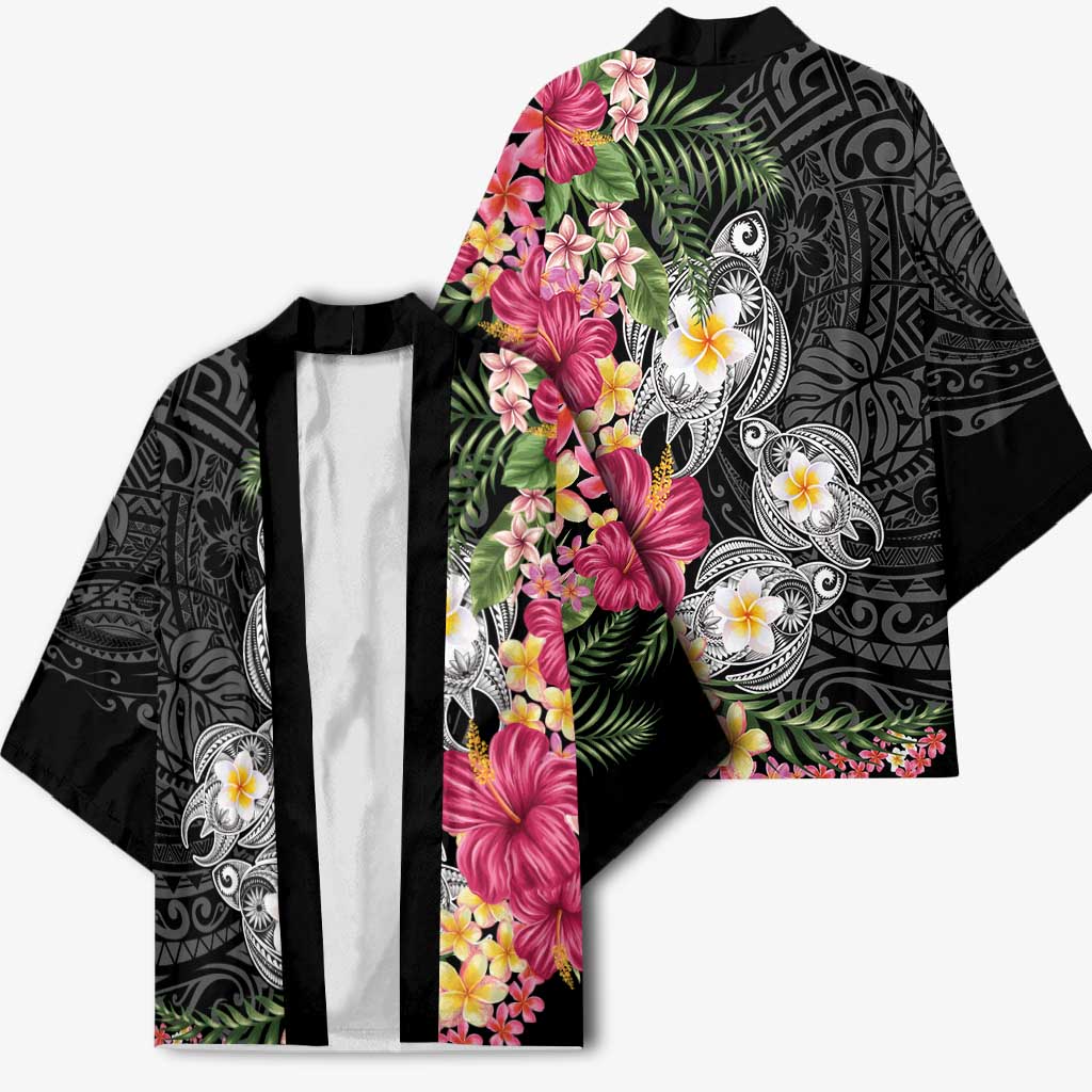 Hawaiian Tropical Flowers and Tribal Turtles Kimono Polynesian Art Motifs Black Color - Polynesian Pride