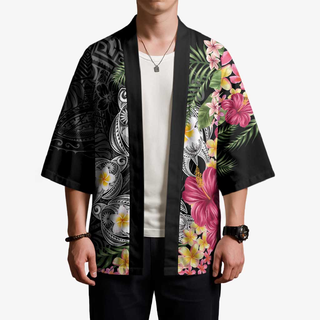 Hawaiian Tropical Flowers and Tribal Turtles Kimono Polynesian Art Motifs Black Color - Polynesian Pride