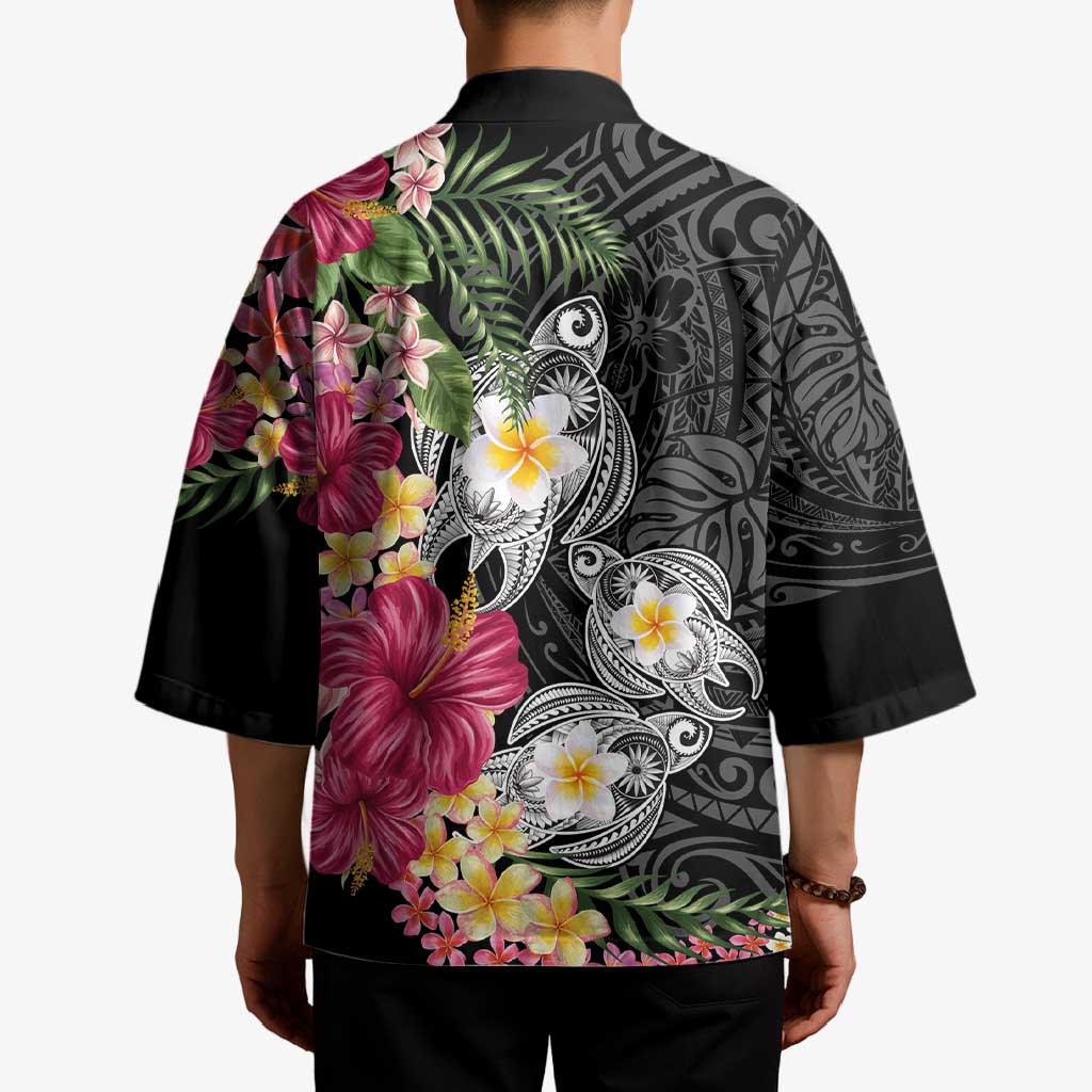 Hawaiian Tropical Flowers and Tribal Turtles Kimono Polynesian Art Motifs Black Color - Polynesian Pride