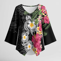 Hawaiian Tropical Flowers and Tribal Turtles Kimono Sleeve Blouse Polynesian Art Motifs Black Color - Polynesian Pride