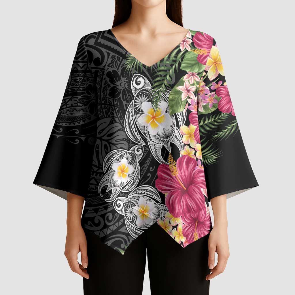 Hawaiian Tropical Flowers and Tribal Turtles Kimono Sleeve Blouse Polynesian Art Motifs Black Color - Polynesian Pride