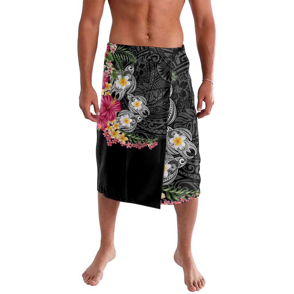 Hawaiian Tropical Flowers and Tribal Turtles Lavalava Polynesian Art Motifs Black Color - Polynesian Pride