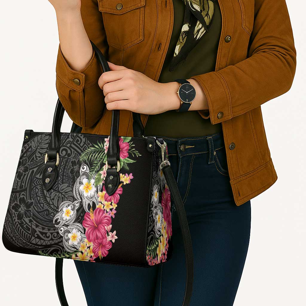 Hawaiian Tropical Flowers and Tribal Turtles Leather Bag Polynesian Art Motifs Black Color - Polynesian Pride