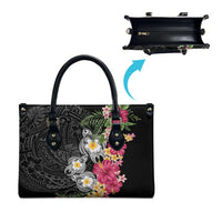 Hawaiian Tropical Flowers and Tribal Turtles Leather Bag Polynesian Art Motifs Black Color - Polynesian Pride