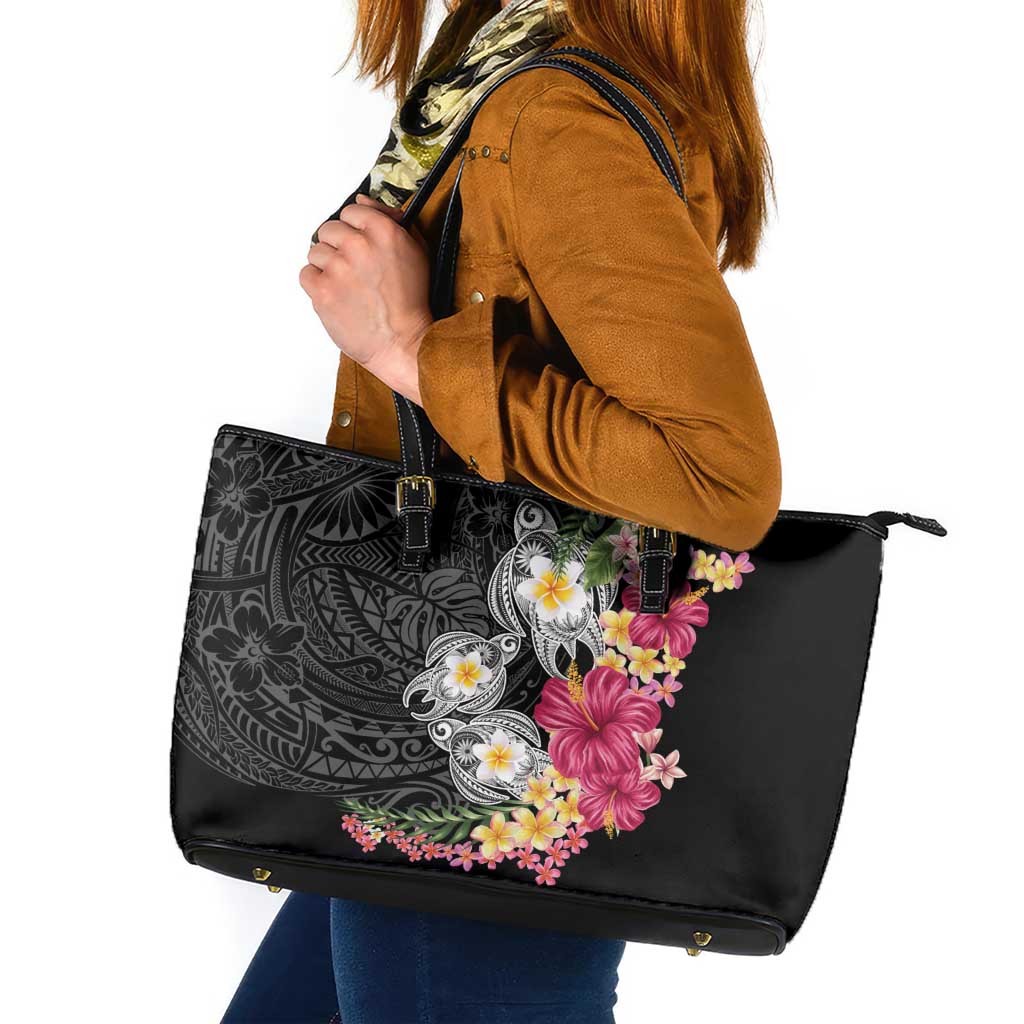 Hawaiian Tropical Flowers and Tribal Turtles Leather Tote Bag Polynesian Art Motifs Black Color - Polynesian Pride