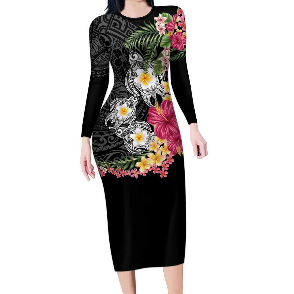 Hawaiian Tropical Flowers and Tribal Turtles Long Sleeve Bodycon Dress Polynesian Art Motifs Black Color - Polynesian Pride