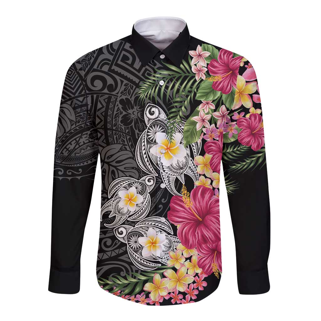 Hawaiian Tropical Flowers and Tribal Turtles Long Sleeve Button Shirt Polynesian Art Motifs Black Color - Polynesian Pride