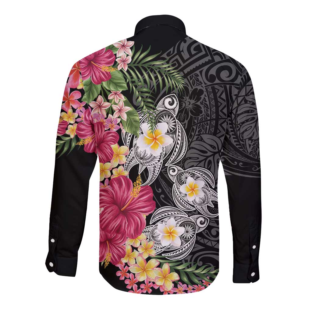 Hawaiian Tropical Flowers and Tribal Turtles Long Sleeve Button Shirt Polynesian Art Motifs Black Color - Polynesian Pride