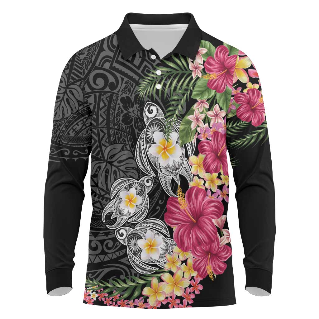 Hawaiian Tropical Flowers and Tribal Turtles Long Sleeve Polo Shirt Polynesian Art Motifs Black Color - Polynesian Pride