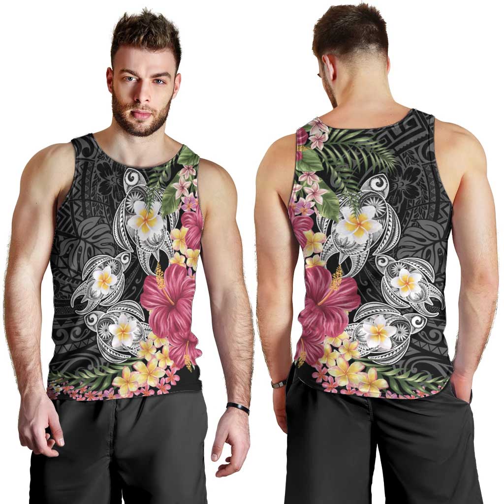 Hawaiian Tropical Flowers and Tribal Turtles Men Tank Top Polynesian Art Motifs Black Color - Polynesian Pride