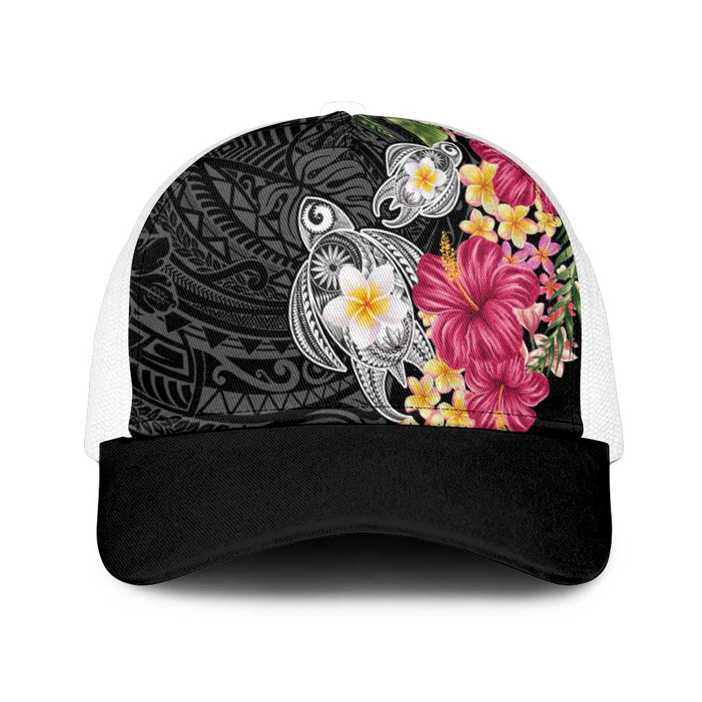 Hawaiian Tropical Flowers and Tribal Turtles Mesh Trucker Cap Polynesian Art Motifs Black Color - Polynesian Pride