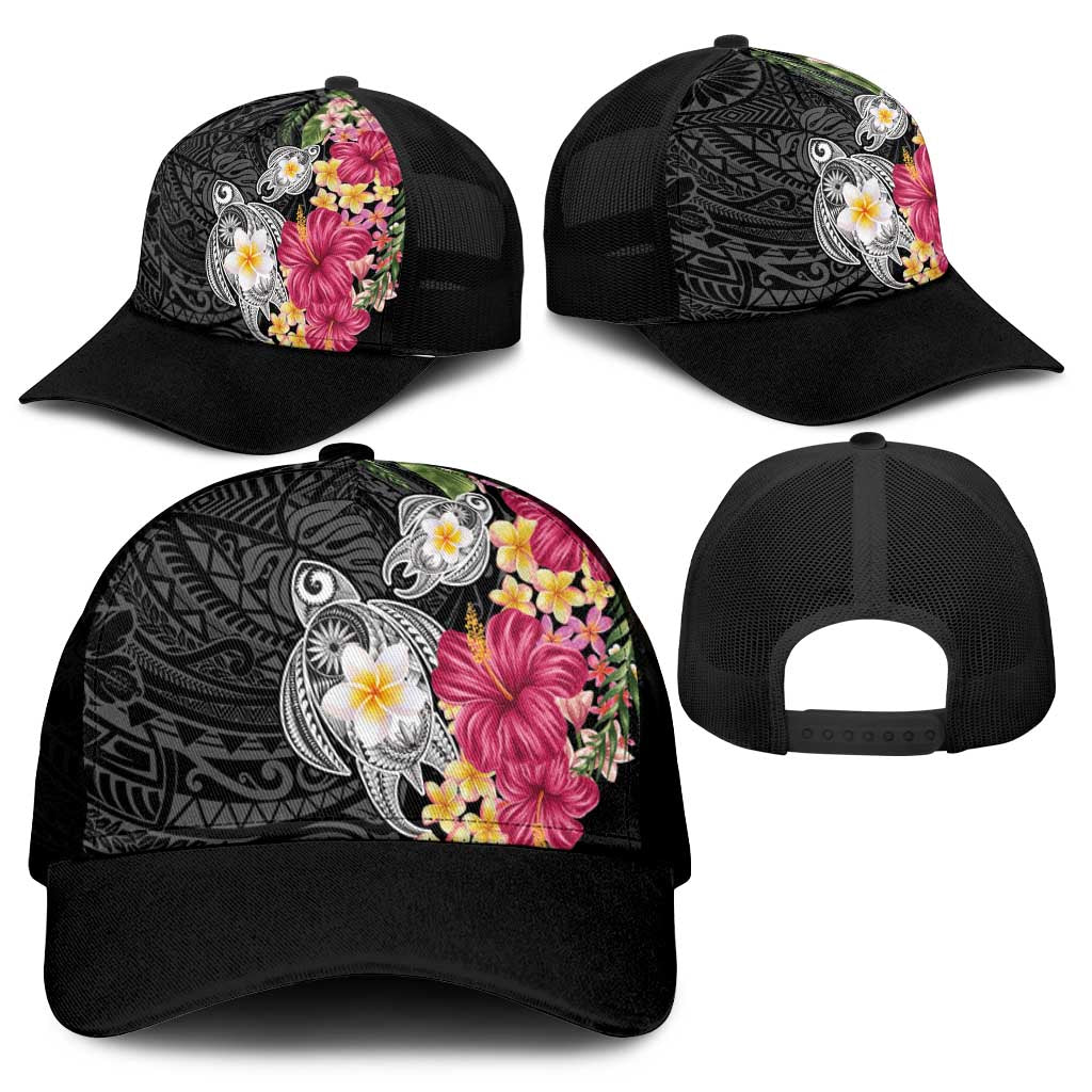 Hawaiian Tropical Flowers and Tribal Turtles Mesh Trucker Cap Polynesian Art Motifs Black Color - Polynesian Pride