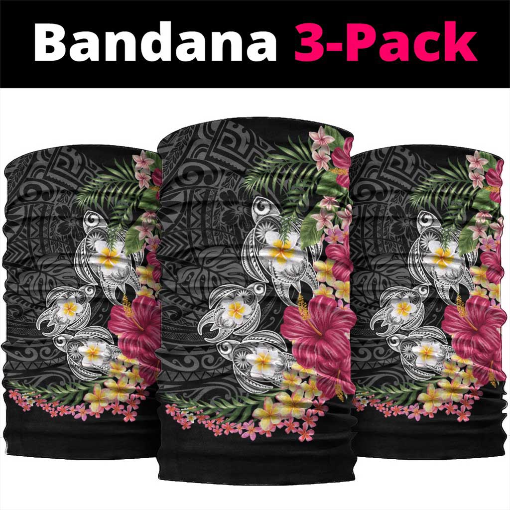 Hawaiian Tropical Flowers and Tribal Turtles Neck Gaiter Polynesian Art Motifs Black Color - Polynesian Pride