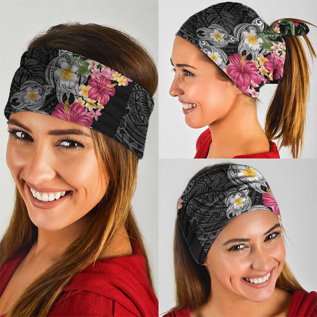 Hawaiian Tropical Flowers and Tribal Turtles Neck Gaiter Polynesian Art Motifs Black Color - Polynesian Pride
