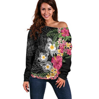 Hawaiian Tropical Flowers and Tribal Turtles Off Shoulder Sweater Polynesian Art Motifs Black Color - Polynesian Pride
