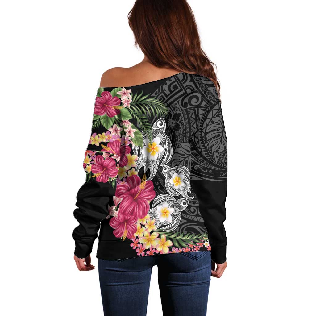 Hawaiian Tropical Flowers and Tribal Turtles Off Shoulder Sweater Polynesian Art Motifs Black Color - Polynesian Pride