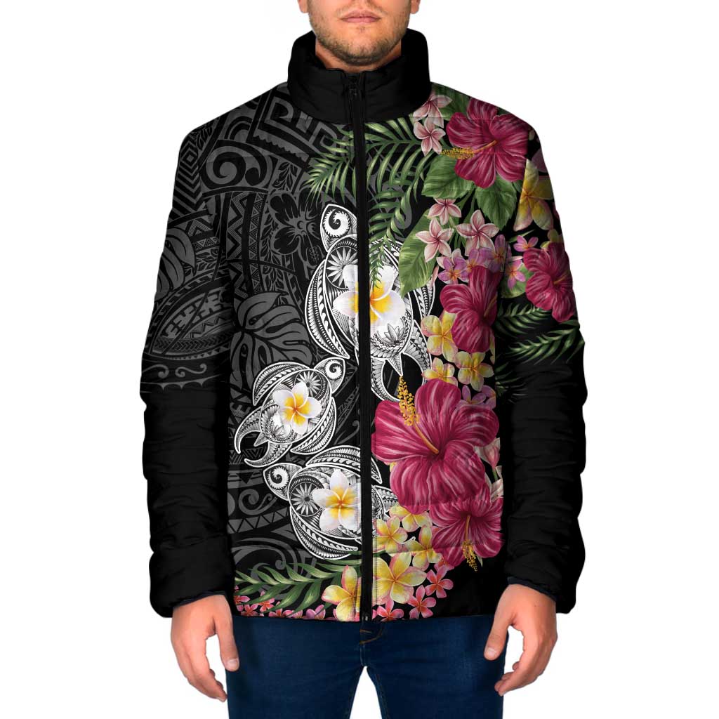 Hawaiian Tropical Flowers and Tribal Turtles Padded Jacket Polynesian Art Motifs Black Color - Polynesian Pride