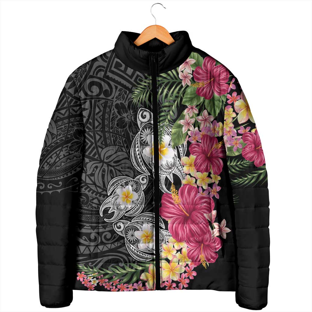 Hawaiian Tropical Flowers and Tribal Turtles Padded Jacket Polynesian Art Motifs Black Color - Polynesian Pride