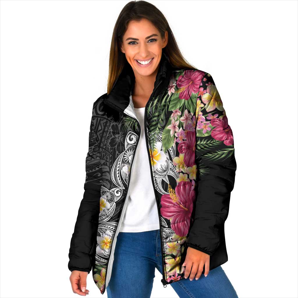 Hawaiian Tropical Flowers and Tribal Turtles Padded Jacket Polynesian Art Motifs Black Color - Polynesian Pride