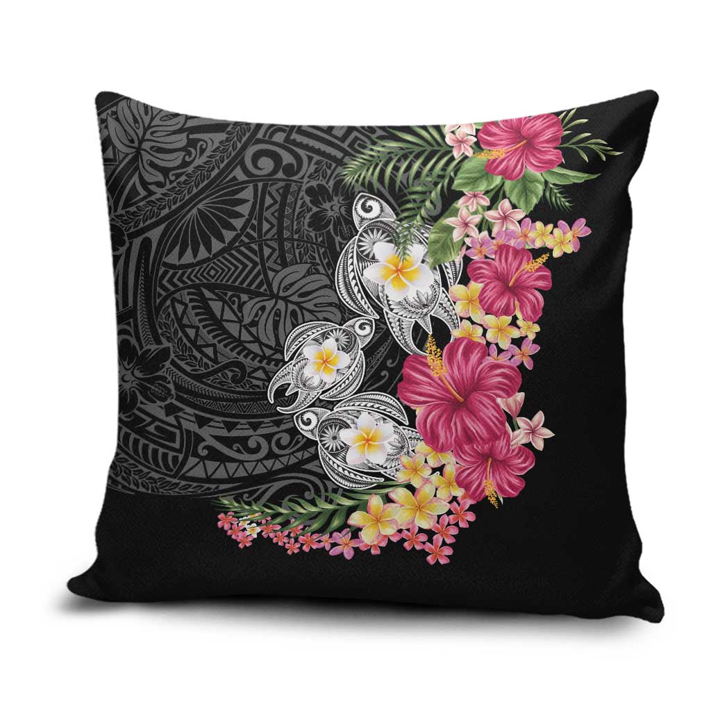 Hawaiian Tropical Flowers and Tribal Turtles Pillow Cover Polynesian Art Motifs Black Color LT03 Black - Polynesian Pride