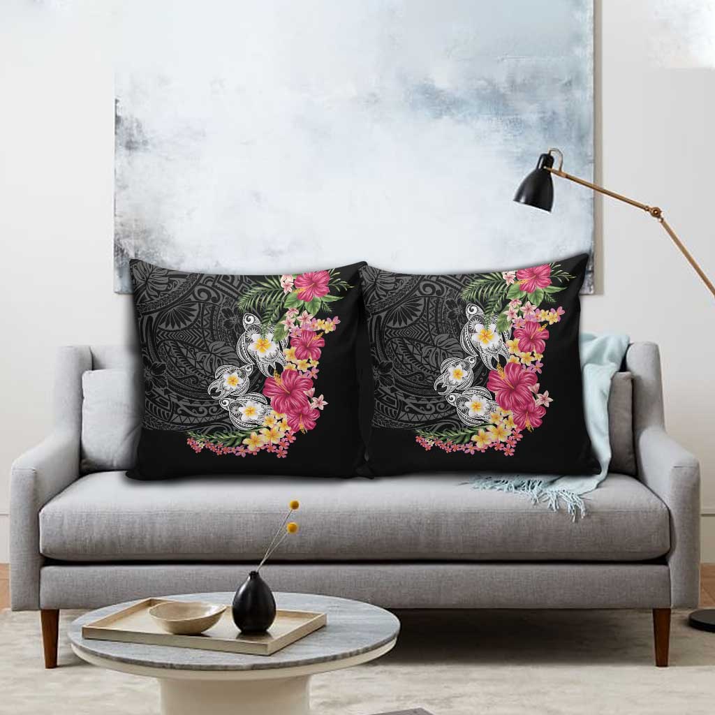 Hawaiian Tropical Flowers and Tribal Turtles Pillow Cover Polynesian Art Motifs Black Color - Polynesian Pride